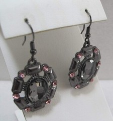 Vtg Large Grey Oval Rhinestone Gun Metal Pink Rhinestone Dangle Pierced Earrings