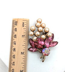 Vintage Floral Brooch Earrings SET Pink Navette Rhinestone Faux Pearl