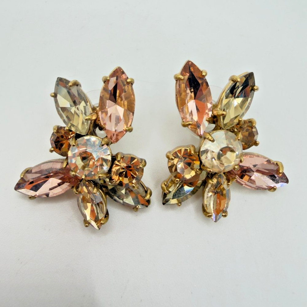 J.Crew Earrings Gold Tone Multicolor Rhinestone Pierced Signed 1.25″