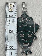 Vintage HOB Mexico 925 Sterling Silver Malachite Pendant Aztec Mayan Face 3.25”
