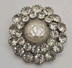 Vtg Rhinestone Large Faux Pearl Brooch Silver Tone Circular Pin Prong Set Stones