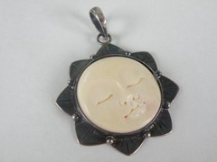 Vintage Sterling Silver 925 Large Carved Sun Moon Face Pendant