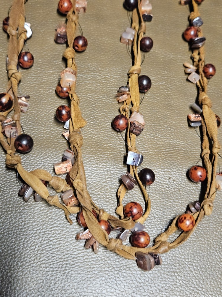 Vintage Bohemian-style Wrap Necklace Belt suede leather stone beads tassel