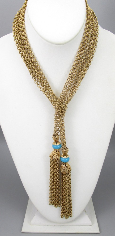 ELEGANT VINTAGE 48″ LONG GOLDTONE TURQUOISE GLASS LARIAT WRAP STYLE NECKLACE