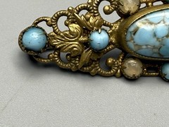Czech Vintage Turquoise Blue Glass Cabochon Brass Filigree Brooch Pin 2.25”