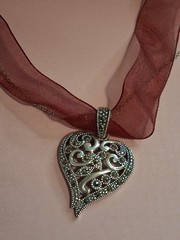 Vintage Sterling Silver Marcasite Heart Pendant Maroon Ribbon Choker Necklace