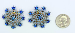 Gold Tone Pastel Blue Enamel & Royal Blue Rhinestones Clip-on Earrings Vintage