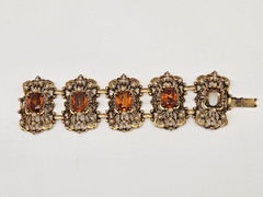 Vintage 1960s Selro Selini Gold Tone Faux Topaz Pearl Bracelet 8” Unmarked