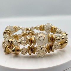 Vintage Y2K Gold Tone Clear Frosted Lucite Beaded Multi Layer Wrap Cuff Bracelet
