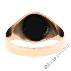 Unisex Vintage European 18K Rosy Gold Inlaid Oval Black Onyx Solitaire Band Ring