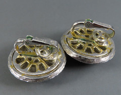 Vintage CROWN TRIFARI Clip-On Earrings DOMED ROUND STUD Unique Dash Engraving