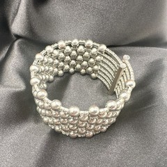 Vintage 90s Silver Tone Multi Row Bead Clear Glass Wide Cuff Statement Bracelet