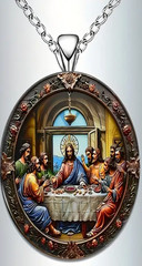1 Piece Vintage Style Last Supper Oval Glass Pendant Necklace White Gold Plated