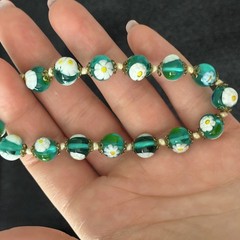 Vintage Teal Sea Blue Green Glass Beaded Floral White Daisy Flower Bracelet 7″