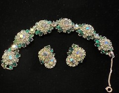 Trifari Signed Green Gold Tone Rhinestone Flower Contessa Bracelet & Earrings