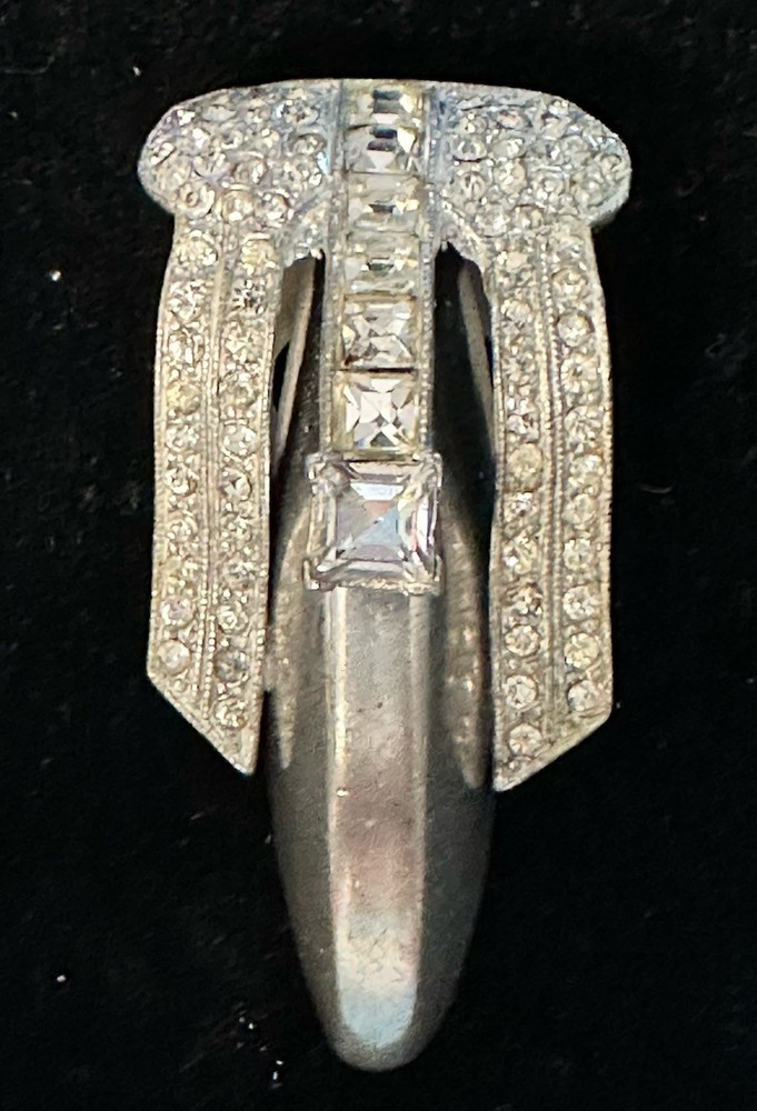 Antique Vintage ART DECO Dress Clip Silver Tone & Clear Rhinestone Glamorous