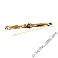 Antique Krementz Edwardian Platinum Top 14k Gold Diamond Etched Bar Pin Brooch