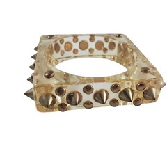 Vintage Clear Lucite Square Bangle Bracelet Studded Metal Studs Chunky