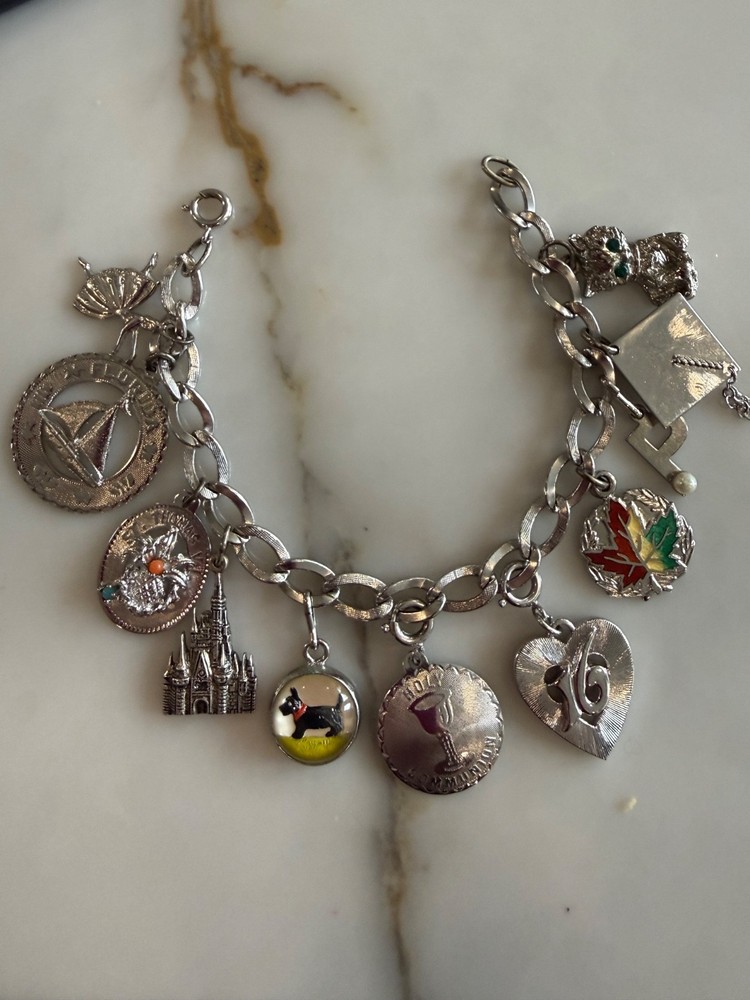 Vintage Sterling Silver Girls Charm Bracelet 11 Charms Ballerina Florida Disney
