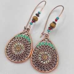 Vintage Copper & Bronze Tone Teardrop Earring Lot 3 Pair Filigree Patina Set