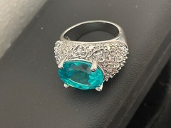 925 Sterling Silver vintage cocktail ring .5” aquamarine Ring 8 ornate MCM domed