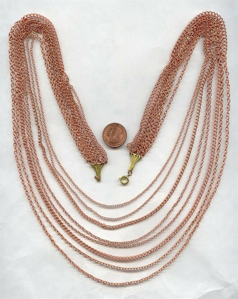 VINTAGE COPPER COATED GRADUATED 8 STRAND 27.5” CHAIN DECO BIB NECKLACE N78