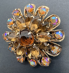 Vintage Brown & Amber Rhinestone Floral Brooch w/ Aurora Borealis AB Crystals