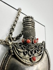 Antique Victorian Silver Snuff Bottle Filigree Red Coral? Tibetan? 32in Read