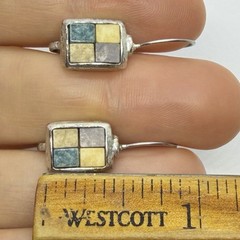 Vtg Boho Mosaic Tile Silvertone Leverback Drop Earrings