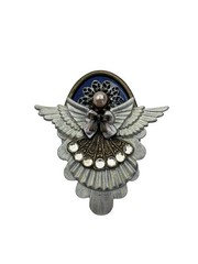 Vintage Handmade Unique Guardian Angel Sparkly Enamel Rhinestone Brooch Pin