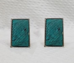 Vintage Fluted Faux Turquoise Cabochon Silver Tone Rectangular Clip On Earrings