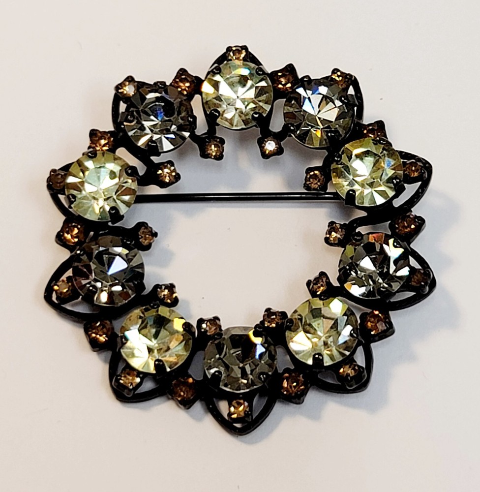 Joseph Warner Wreath Brooch Vintage Light Topaz Rhinestones Japanned Back Signed