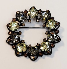 Joseph Warner Wreath Brooch Vintage Light Topaz Rhinestones Japanned Back Signed