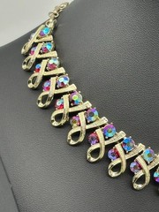Vintage Mid Century Necklace Ribbon Link Design Gold Tone AB Rhinestone Unsigned