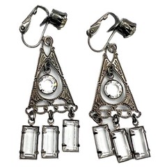 Vintage Art Deco Style Rhinestone Glass Dangle Silver Tone Clip On Earrings 2″