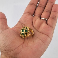 Vintage Green Glass Dome Ring Gold Tone Rhinestone Lattice Cocktail