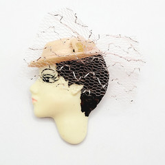 Painted Lady Face with Pink Hat and Veil Short Hair Brunette Vintage Brooch Pin