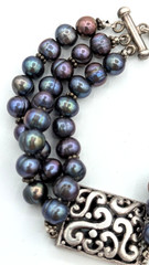 Vintage Peacock Pearl Bracelet Sterling Silver 925 3 Strand Freshwater Pearl