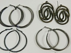 Hoops Dangle Earrings Lot Oxidized Blackened Mixed Vintage Mod Silver Tone B7904