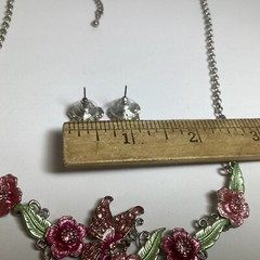 20” PINK & GREEN ENAMEL FLORAL NECKLACE & PIERCED EARRINGS SET PINK RHINESTONES