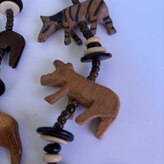 Vintage African Large Hand Carved Wooden Safari Animal Beads 30” Necklace