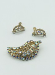 Vtg Signed CONTINENTAL Pink Clear AB Glass Rhinestones Earrings Brooch Pin Set