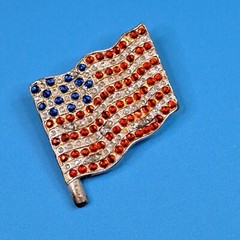 Rhinestone 1.5″ Brooch Pin Flag American USA Red White Blue Silver Tone Vintage