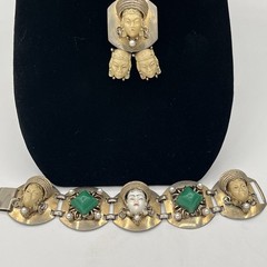 Vintage Sculpted Face Pendant Necklace & Green Stone Bracelet Set