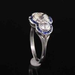 Art Deco Style Lab-Created Diamond Sapphire Three Stone Ring 14 White Gold FN