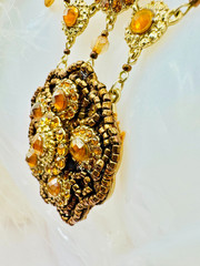 VTG! “Liz Clayborne’s Amber Crystals & Beads Victorian Style Necklace + Earrings