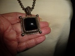 PD PENDANT SILVER TONE L BLACK STONE w HEAVY BALL BEAD CHAIN NECKLACE #26/19K