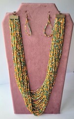 Vtg Orange Green Multistrand Boho Seed Bead Necklace & Earrings Set