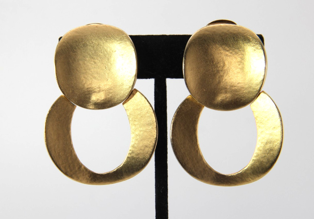 Vintage 1980s Brushed Mate Gold Tone Runway Bold Modernist Statement Earrings