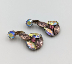 Aurora Borealis Crystals Rhinestones Clip On Earrings AB Vintage Unmarked Dangle